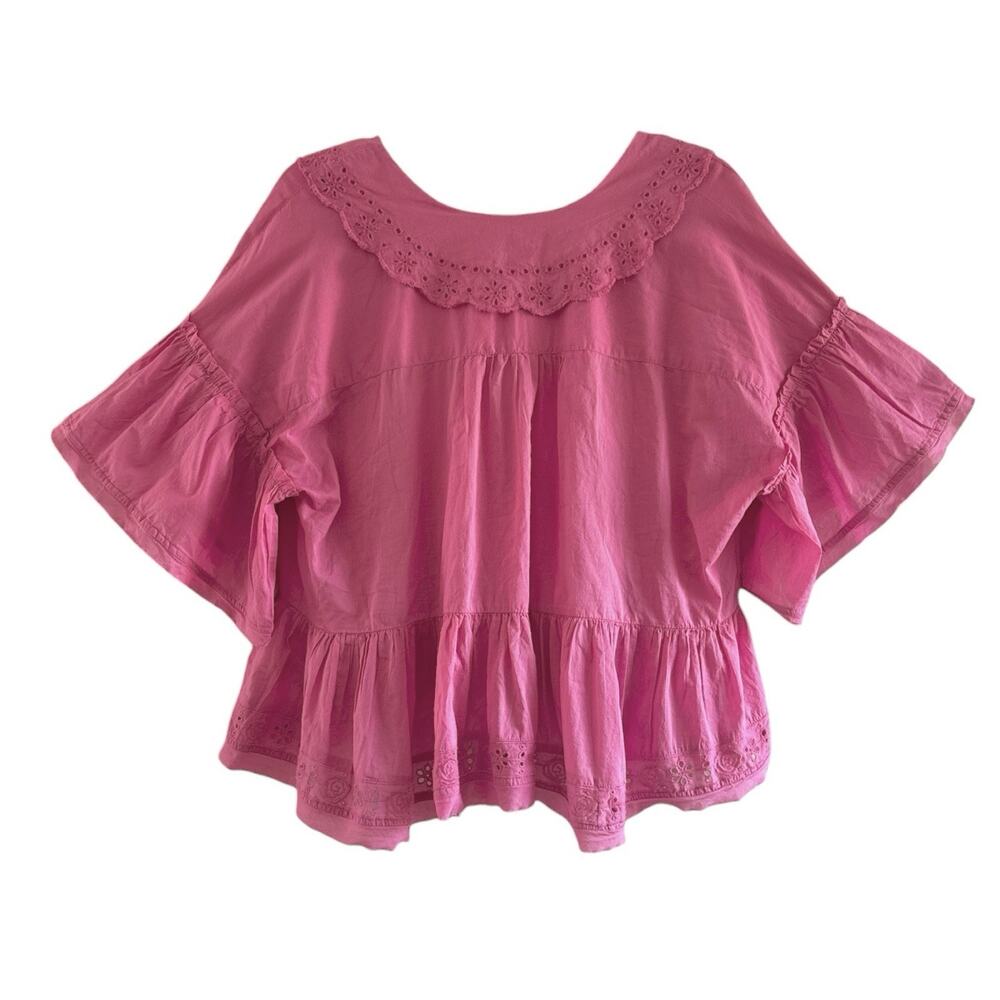 Free People Bella Blouse Cutwork Boho Cottage Hippie Fiji Flower Pink Top Large - Picture 7 of 13